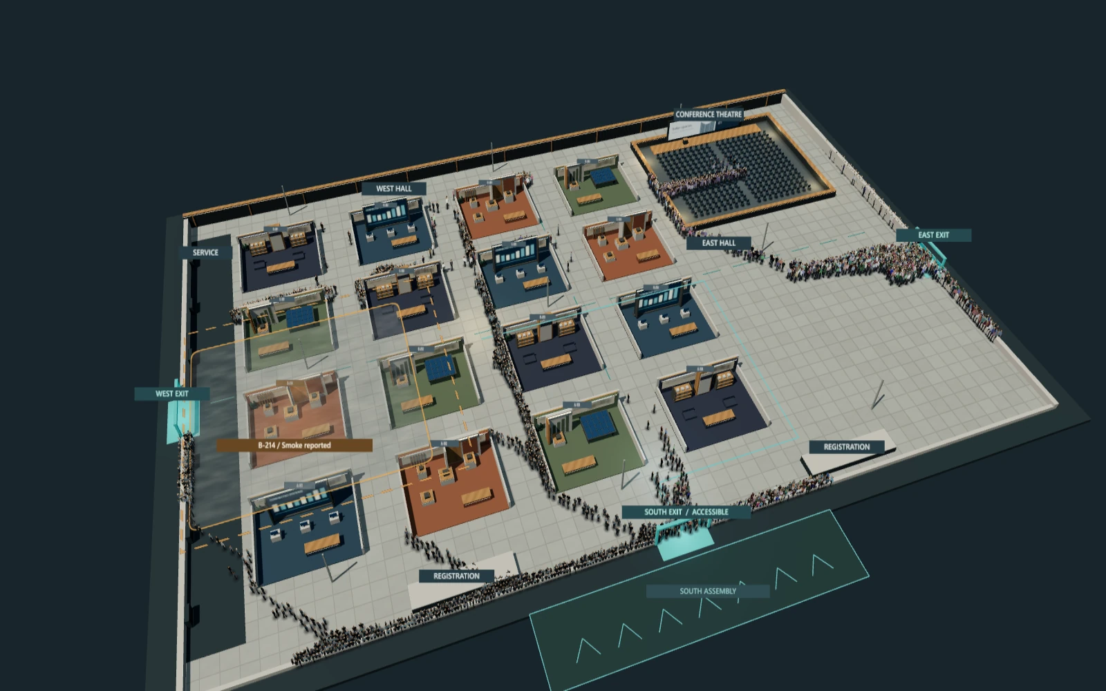 Actual Clear Route gameplay showing smoke in an exhibition hall and visitors moving toward exits