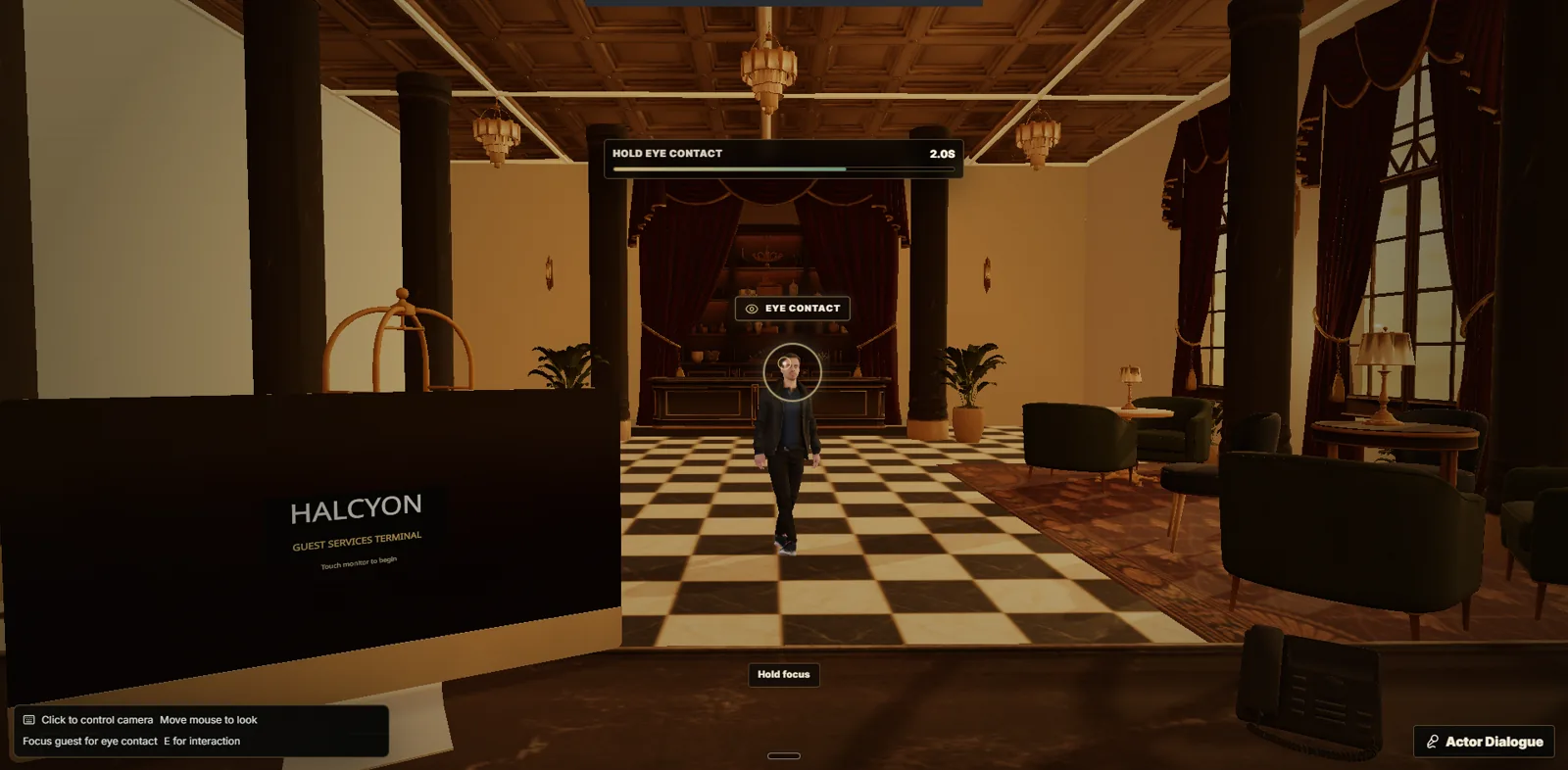 Frontline &mdash; a guest crosses the hotel lobby toward the front desk as the hold-eye-contact timer runs