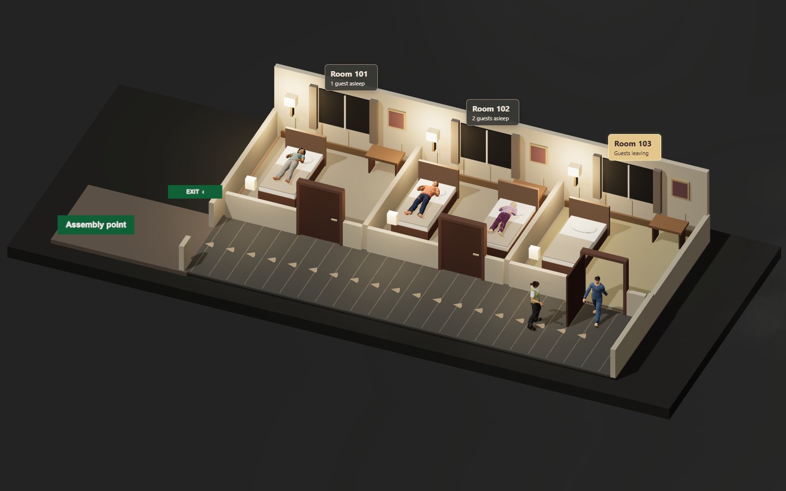 Full House gameplay: a hotel warden helps guests leave three rooms along a marked escape route
