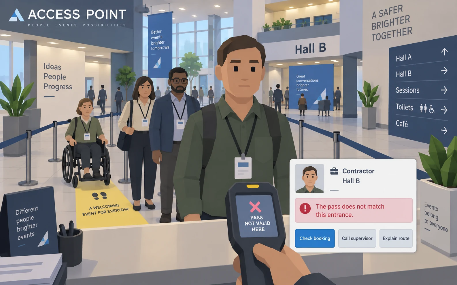 Low-poly event entrance concept with a badge check, an accessible aisle and three response options