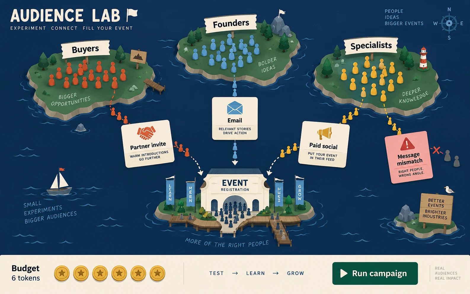 Two-dimensional strategy game concept connecting audience tokens and campaign cards to event registration