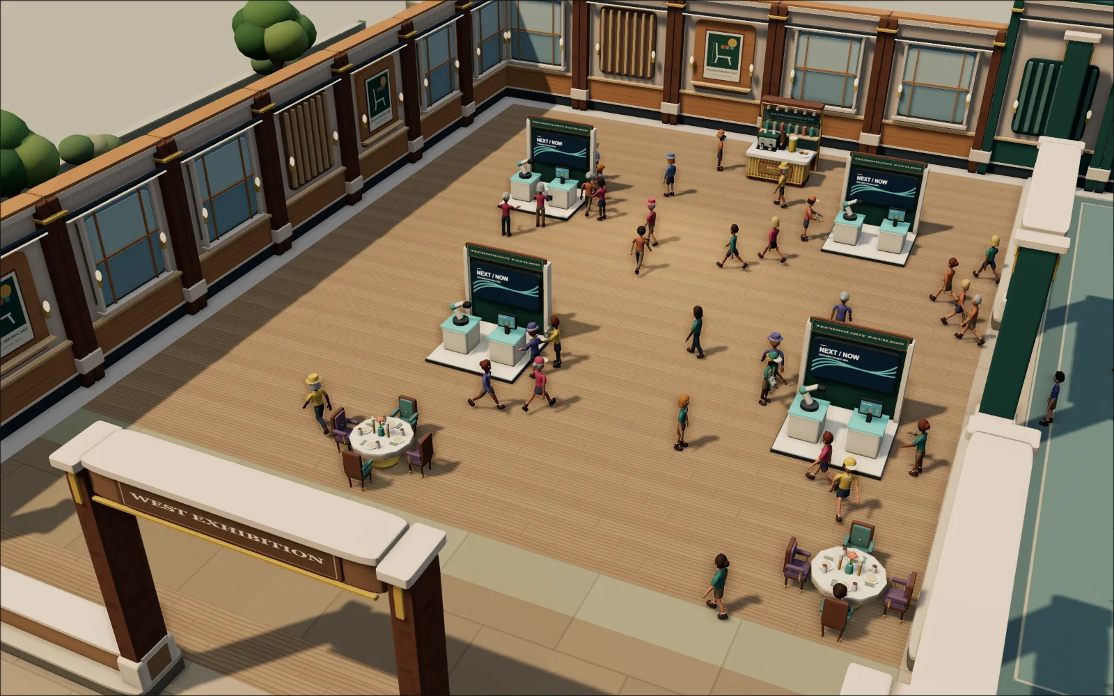 Actual Eventory gameplay: visitors browsing four maker stands, a refreshment bar and café tables in the West exhibition hall of the Juniper Events Centre