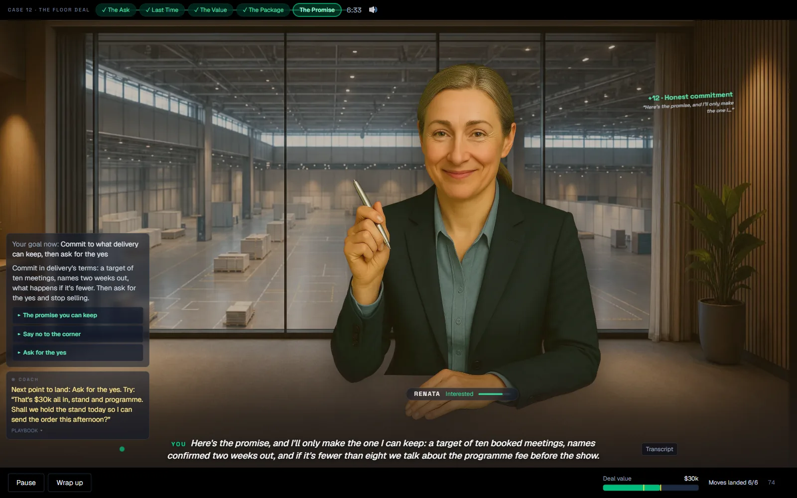 Actual Counterpart gameplay: Renata, an AI exhibitor, across the sales suite table with the live coach panel, confidence meter and deal value track