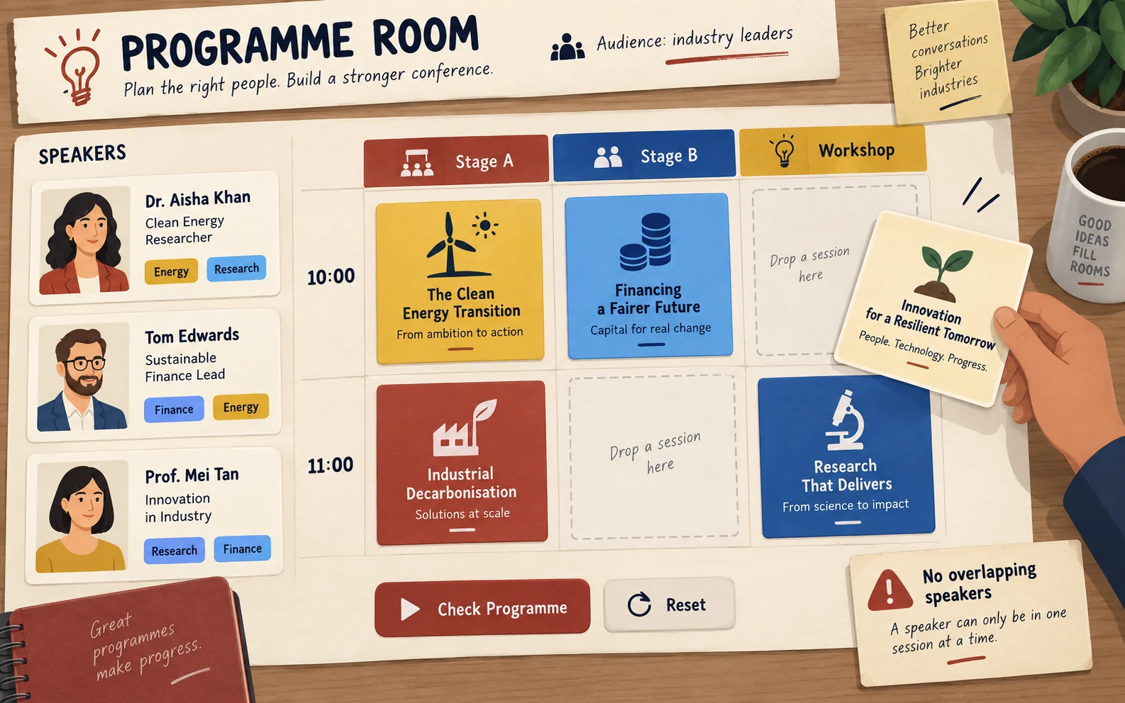 Flat illustrated programme puzzle concept with speaker cards and a two-row stage schedule