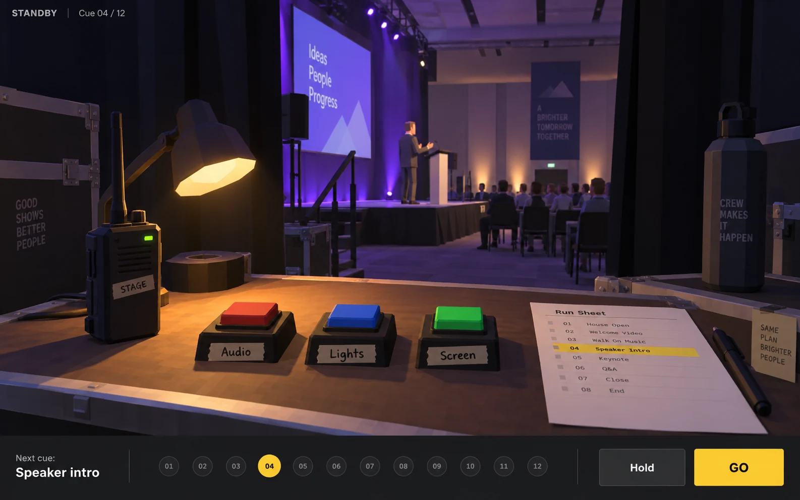 Low-poly backstage desk concept looking toward a conference stage with simple Hold and GO cue controls
