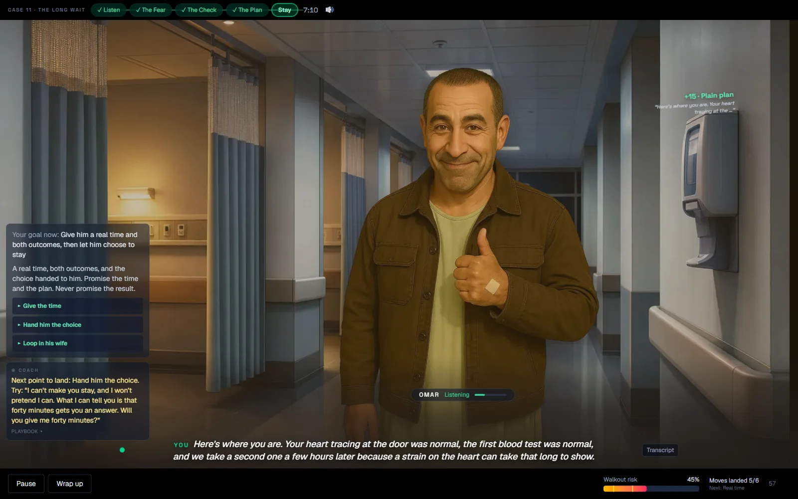 Actual Counterpart gameplay: Omar, an AI patient in an emergency department corridor, with the live coach panel and walkout risk meter