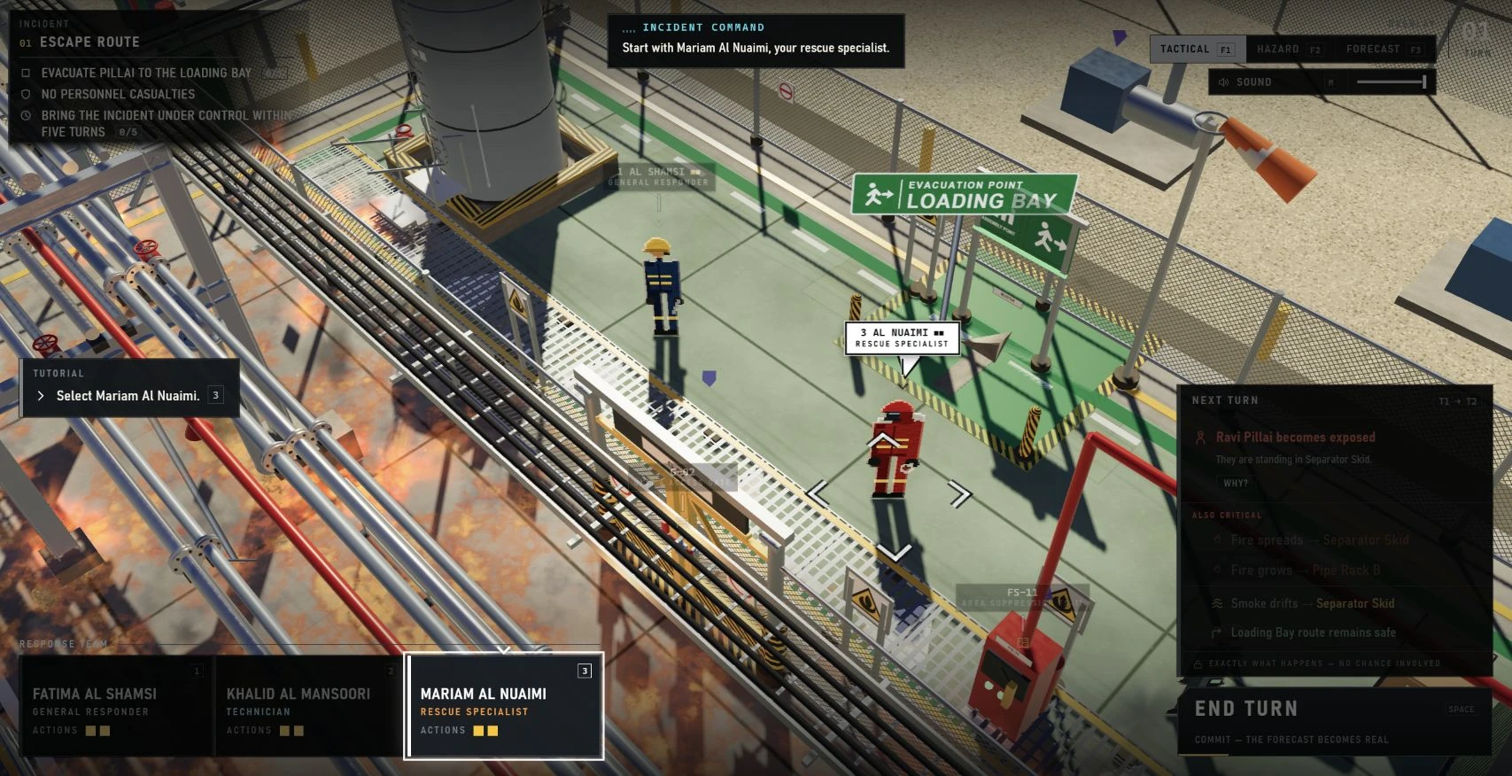 Actual Industrial Rescue gameplay with a three-person response team, a pipe-rack fire and a forecast of the next turn