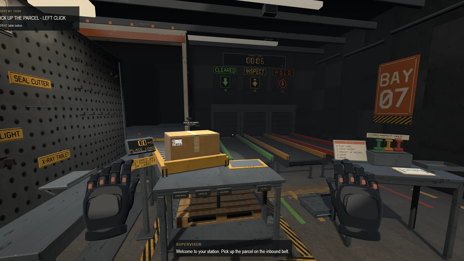 Actual Cargo Control gameplay: a parcel on the scale at the Bay 07 inspection bench, the seal cutter, flashlight and X-ray tablet on the tool board, and the cleared, inspect and hold lanes beyond