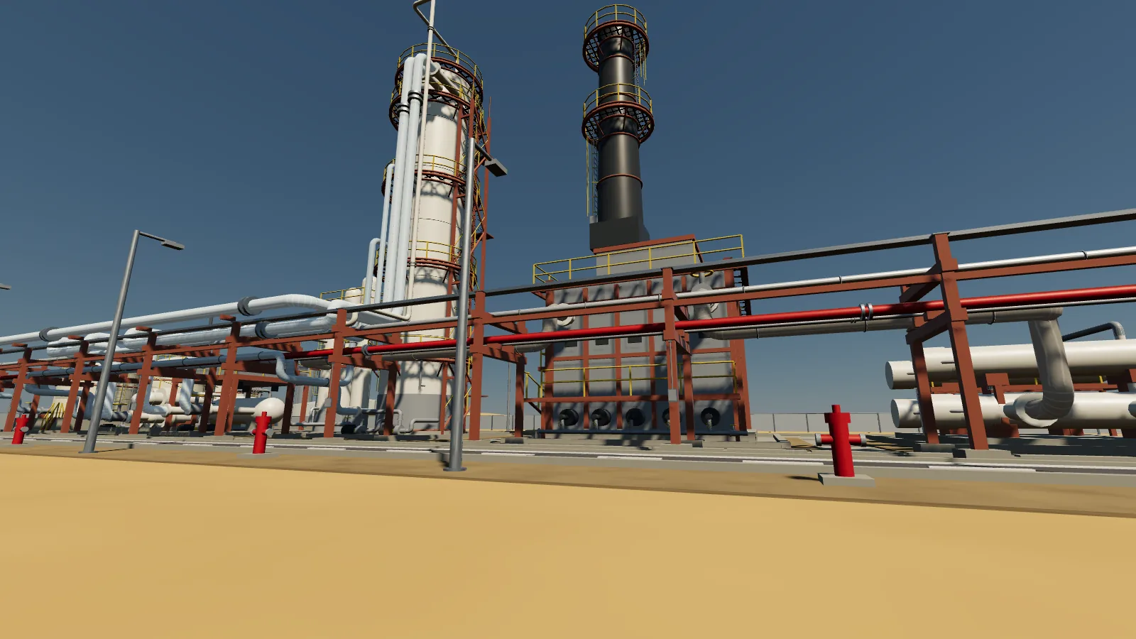 Actual Crude Unit Tour gameplay: the atmospheric column, the fired heater and its stack, and the pipe rack seen from the plant road